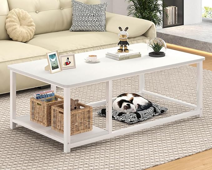 EXCEFUR White Coffee Table, Modern Rustic Wood Center Table with Storage for Living Room, Industrial Rectangle Cocktail Tea Table, 47 Inch