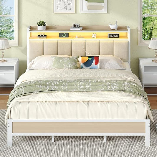 King Size Bed Frame with Storage Headboard, Metal Platform Bed Frame King Size with LED Lights and Charging Station, Heavy Duty Metal Slats, No Box Spring Needed, Easy Assembly, Beige
