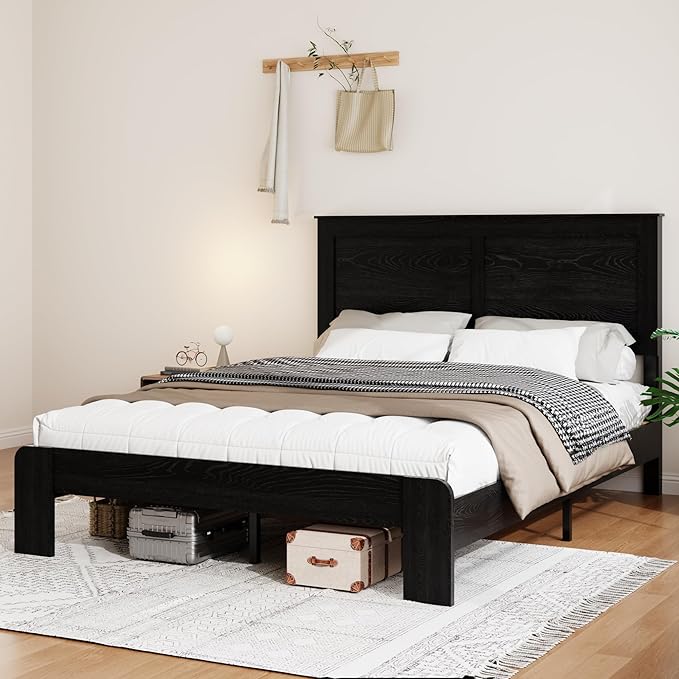 Wooden Bed Frame Queen Size with Headboard, Farmhouse Platform Bedframe with Wood Slat Support, Sturdy Framework Bed Frame, Easy Assembly (Rustic Black)