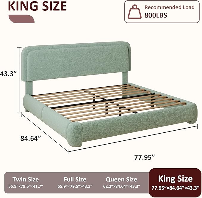 King Boucle Platform Bed Frame with Height Adjustable Headboard, Modern Upholstered Cloud Bed, Sleek Curved Design, No Box Spring Needed, Easy Assembly, Noise Free, Green