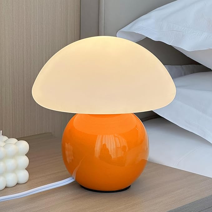 Mushroom Lamp Ceramic Base,Orange Cute 70s Mid Century Modern Decor Lamp for Bedroom,Small Abstract Table Bedside Glass Mood Coze Fun Warm Light