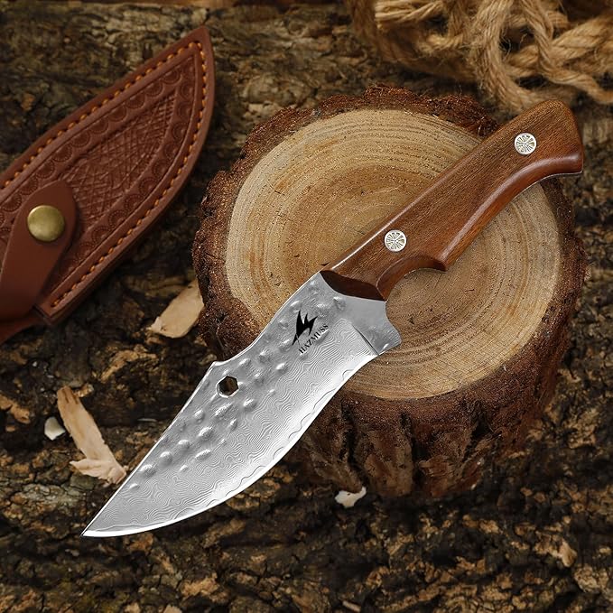 Meat Cleaver with Leather Sheath, Hand Forged Kitchen Utility Knife, 4.3" - Damascus Steel Blade for Cutting Meat, BBQ Brisket Knives for Home Outdoor Camping, Full Tang