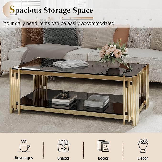 48" Rectangular Glass Coffee Table for Living Room, Luxury 2-Tier Center Table with Gold Stainless Steel Frame, Modern Black Glass Accent Coffee Cocktail Table w/Storage Shelf