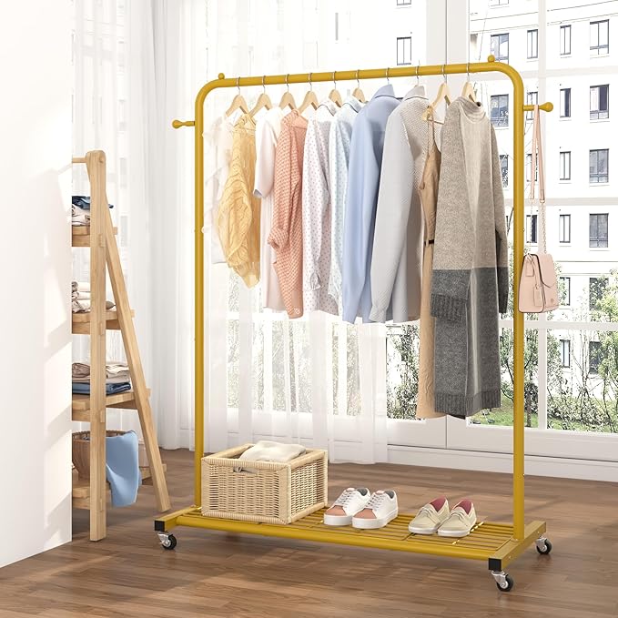 Sywhitta Clothes Rack on wheels, Clothing Rack with Bottom Mesh Storage Shelf,Sturdy Metal Frame,Rolling Garment Rack for Hanging Clothes,Coats,Skirts,39.76" L x 16" W x 64.56" H,Golden
