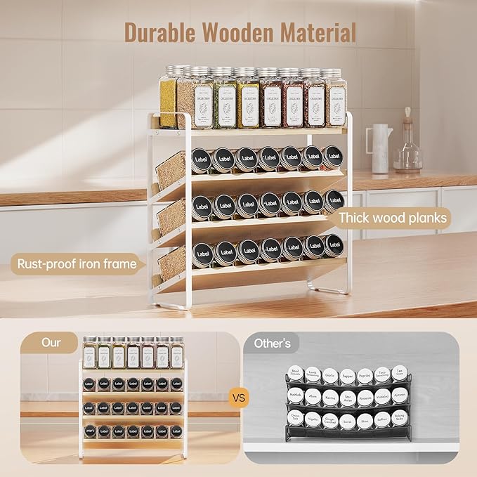 MUDEELA 4 Tier Spice Rack Organizer for Cabinet, Vertical Spice Shelf, Wooden Material, Seasoning Organizer for Countertop, Kitchen, Pantry, Freestanding, 13.4" W × 11.2" H (No Jars Included), White