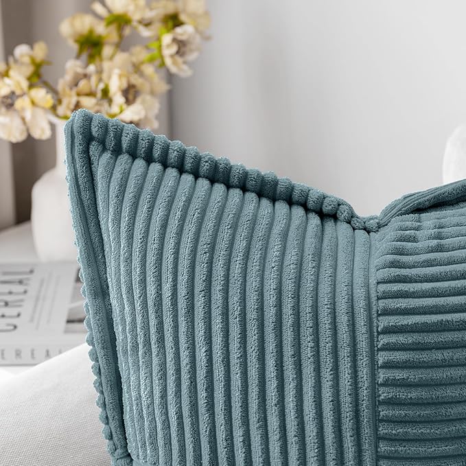 MIULEE Decorative Throw Pillow Covers for Couch Bed Livingroom 20x20 Inch Set of 2 Dusty Blue Boho Accent Throw Pllows Broadside Striped Patchwork Soft Corduroy Summer Coastal Pillowcases