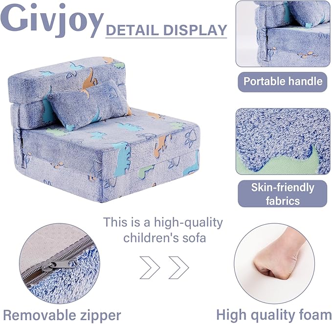 Folding Sofa Bed Floor Mattress for Kids With Pillow - Toddler Glow Washable Nap Mat for Sleeping, Child Fold Up Futon Chair Bed With Storage Bag for Girls Boys