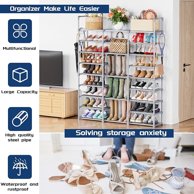 Mavivegue 9 Tiers Tall Shoe Organizer - Vertical Shoe Shelf for 50-55 Pairs, Stackable Racks for Entryway, Closet, Garage - Grey