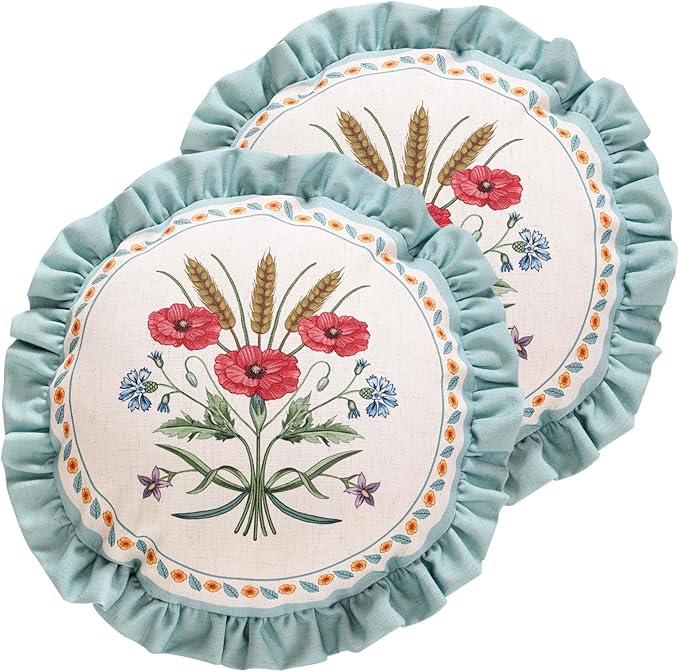 Design Linen Round Throw Pillow Covers Diameter 16" Pack of 2, Fresh Farmhouse Cushion Covers with Red Watercolor Wildflower Pattern Decor Pillowcases for Bed,Living Room,Outdoor,Car
