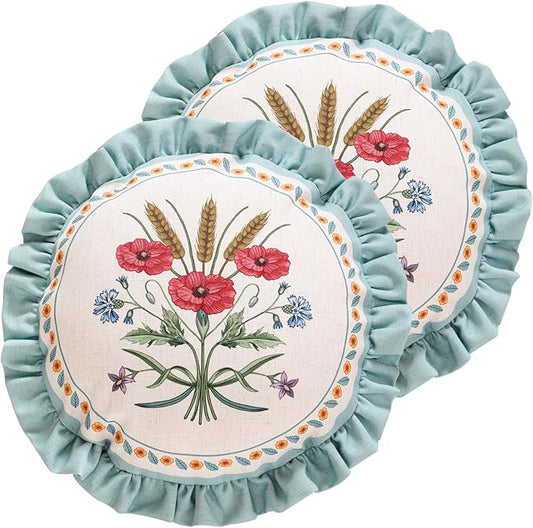 Design Linen Round Throw Pillow Covers Diameter 16" Pack of 2, Fresh Farmhouse Cushion Covers with Red Watercolor Wildflower Pattern Decor Pillowcases for Bed,Living Room,Outdoor,Car