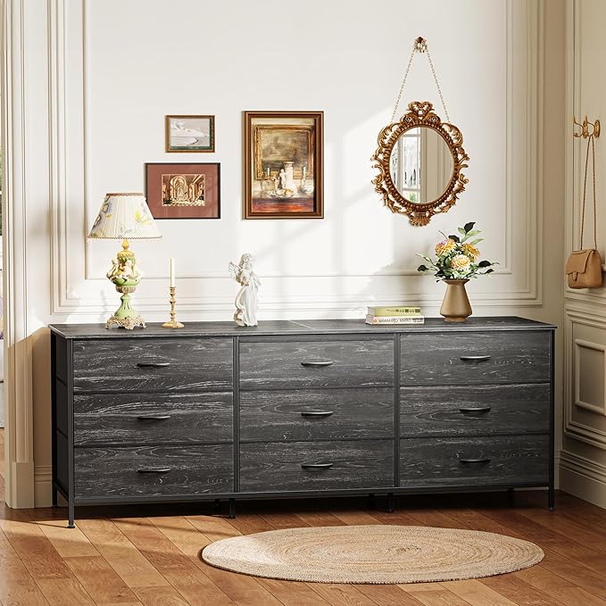 Huuger 63 Inch Dresser for Bedroom, Dresser for Closet with 9 Drawers, Large TV Stand for 55, 65, 70 Inch TV, Entertainment Center, Wide Long Chest of Drawers, Charcoal Black Wood Grain Print