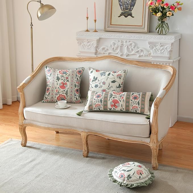 Design Lumbar Retro Elegance Linen Throw Pillow Covers 12"x28" Pack of 2, Green Pink Floral Pattern Cushion Covers Rectangle Decor Pillowcases for Bed,Living Room,Outdoor,Car