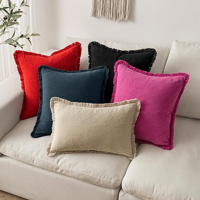 MIULEE Decorative Lumbar Throw Pillow Covers Neutral Linen Fringe Throw Pillows Set of 2 Red Boho Farmhouse Cushion Covers with Tassels for Couch Sofa Bed Living Room Spring Home Decor 12x20 Inch