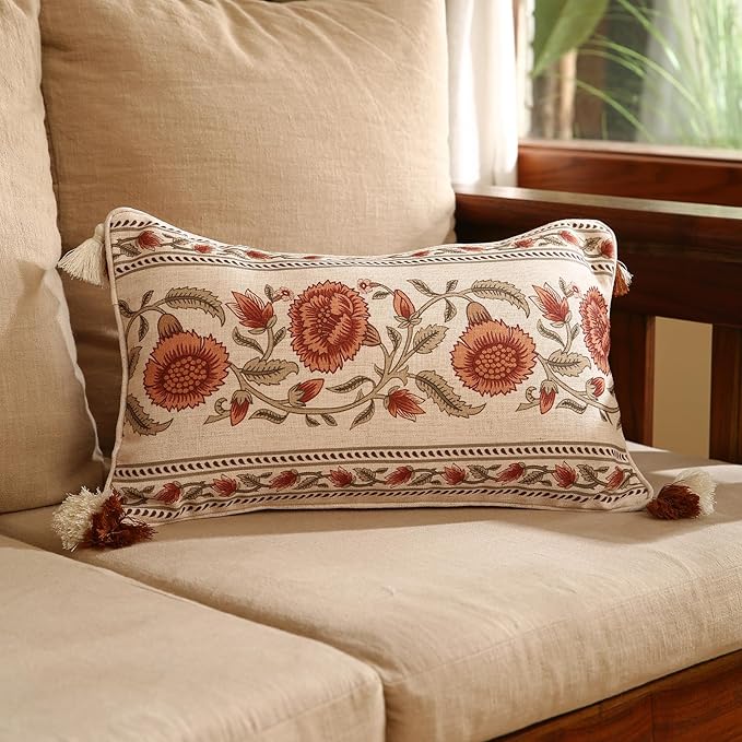 Design Linen Rectangle Vintage Throw Pillow Covers 12"x20" Pack of 2, Brick Red Cushion Covers with Orange Floral Green Leaves Pattern Decor Pillowcases for Bed,Living Room,Outdoor,Car
