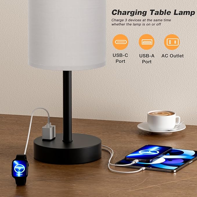 Touch Bedroom Lamp - Grey, 3-Way Dimmable, USB A + C Charging, AC Outlet, 17.4inch Medium