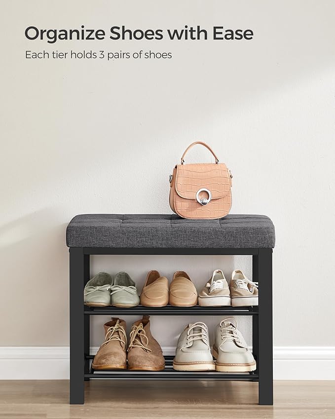 SONGMICS Shoe Bench, Storage Bench, Entryway Bench with Cushion, Shoe Shelf with Seat, Space-Saving, Modern Style, for Living Room, Bedroom, Hallway, Dark Gray and Ink Black ULBS576B33