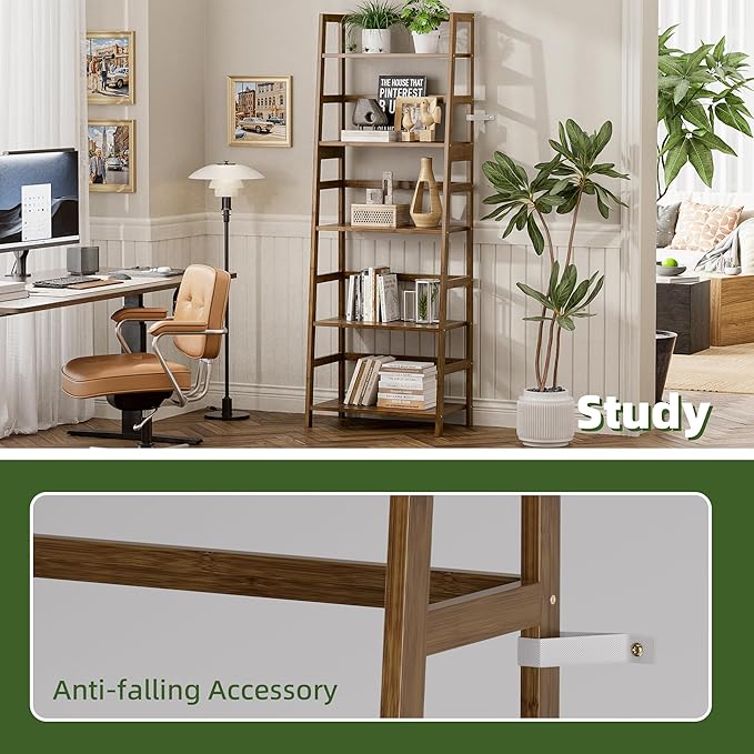 Ladder Shelf, 5-Tier Bookshelf, All Bamboo Heavy Duty Bookcase, Freestanding Open Wood Storage Rack, Modern Corner Display Plant Stand for Living Room, Home Office, Bathroom, Bedroom, Walnut