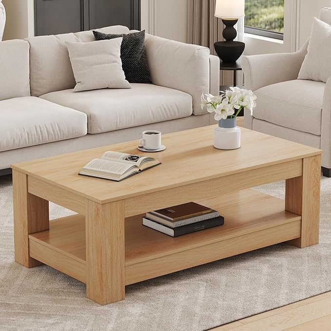 43.3" Coffee Table with Storage, 2-Tier Mid Century Rectangular Accent Table with Thick Tabletop, Rustic Style Cocktail, Center Table for Living Room, Office, Apartment (Natural Wood)