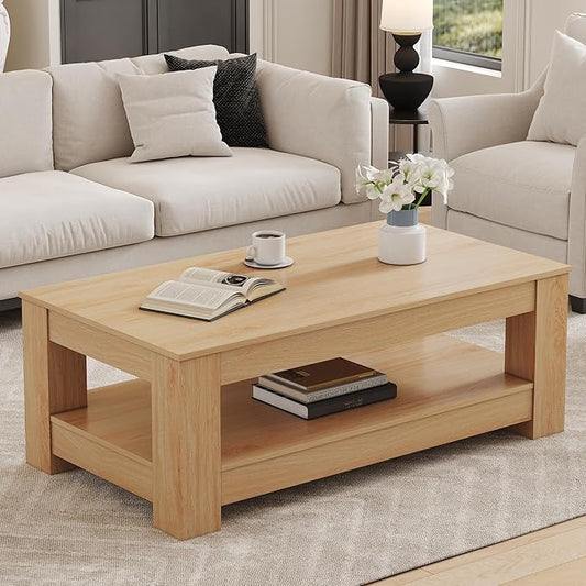 43.3" Coffee Table with Storage, 2-Tier Mid Century Rectangular Accent Table with Thick Tabletop, Rustic Style Cocktail, Center Table for Living Room, Office, Apartment (Natural Wood)
