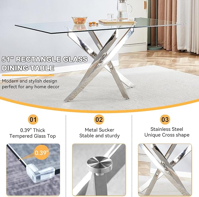 Goujxcy 51" Glass Dining Table Set for 6, Modern Kitchen Table and Chairs Set w/Steel Legs, 7-Piece Dining Table Set w/Glass Silver Dining Table and 6 Grey Velvet Chairs for Kitchen Dining Room