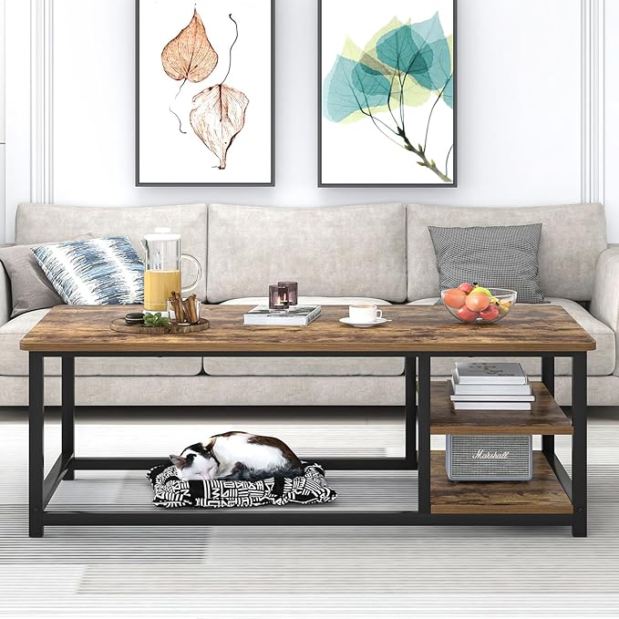 EXCEFUR Modern Coffee Table, Rustic Wood and Metal Living Room Table with Storage Shelf, Industrial Brown, 47 Inch