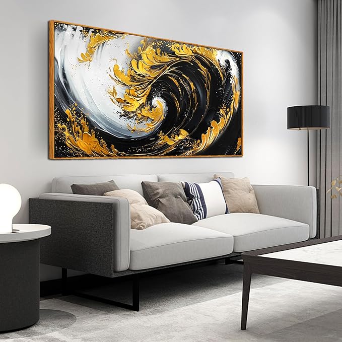 Abstract Canvas Art - Black and Gold Framed Wall Art for Living Room - Ocean Pictures Wall Art Canvas Size 29" x 59"