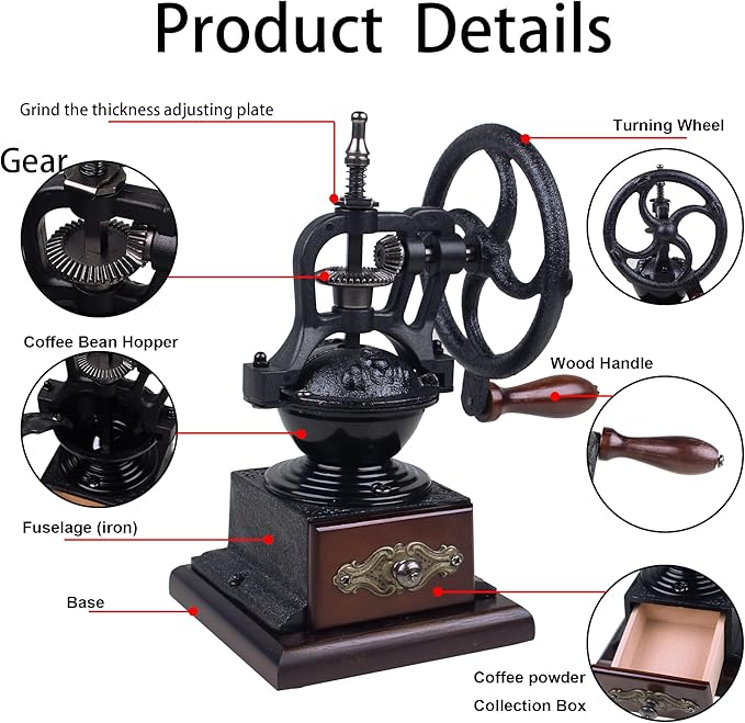 Manual Burr Coffee Grinder,Home Vintage Style Wooden Hand Crank Coffee Maker Grinder