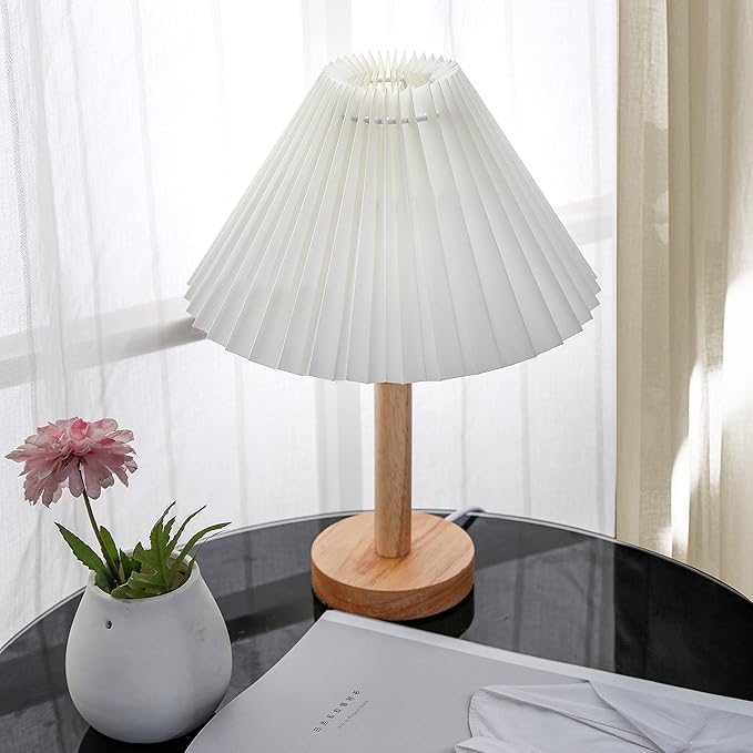Zenply Small Table Lamp, Bedside Nightstand Mini Lamp for Bedroom Living Room Side Table Small Spaces, Pleated Aesthetic Vintage Lamp Warm White LED Bulb Included
