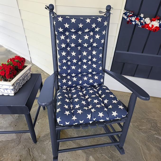 Barnett Home Decor Stars Navy Porch Rocker Cushions - Indoor-Outdoor: Fade Resistant, Waterproof - Latex Foam Fill Rocking Chair Seat Cushion & Backrest Pad Set (Extra-Large, Stars Navy)