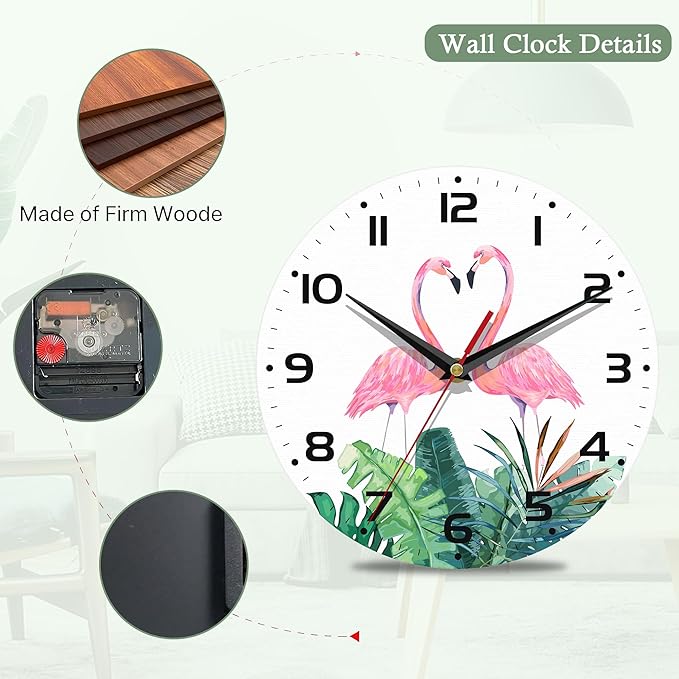 Flamingos Wall Clock Couple Flamingo Pink Clocks for Living Room Wall Clocks Battery Operated Silent Non-Ticking Decorative for Home Kitchen Bathroom Living Room Bedroom Office 10 Inch