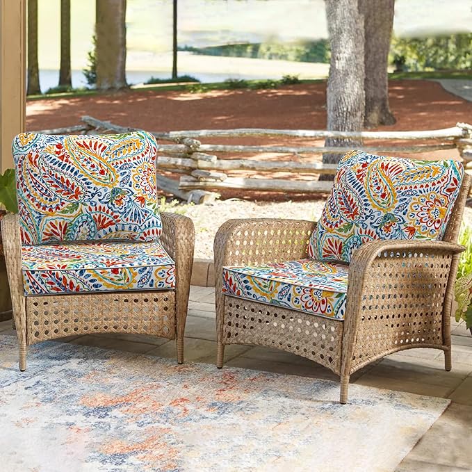 Outdoor Deep Seat Cushions Set 24 x 24 Inch for Patio Furniture,Water Resistant Chair Cushions Replacement Includes Seat Cushion & Back Pillow for Couch Sofa, Wicker Chair - Paisley Multi