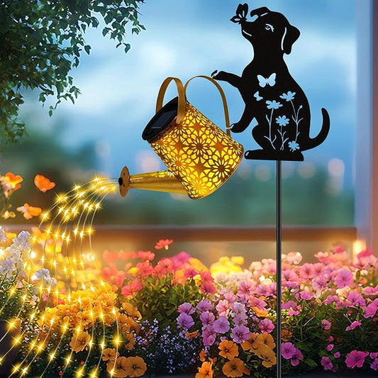 Solar Lights Outdoor Decorative, Watering Can with Cascading Lights, with Dog Silhouette Garden Stakes, Waterproof Metal Garden Decor for Yard Art, Outside, Patio, Lawn Ornaments(1 Pack)