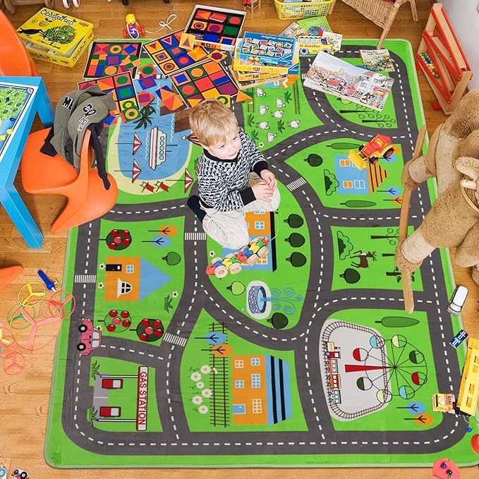 Kids Playmat Car Rug, Kids Play Rugs Town City Road Map Rug, Large Educational Car Mat, Boys Track Play Mat, Kid Rugs for Playroom Bedroom Living Room (Style 3, 78.7X 59 INCH)