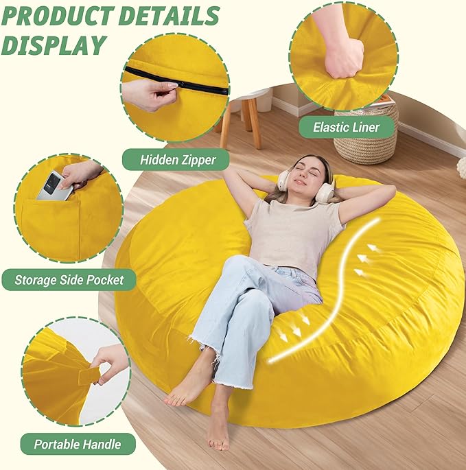 7FT Bean Bag Chair with Ultra Soft Velvet Cover Bean Bag Sofa with Memory Foam Bean Bag Chairs with Large Size Lazy Sofa for Dorm Office Living Room Bedroom Yellow 7'