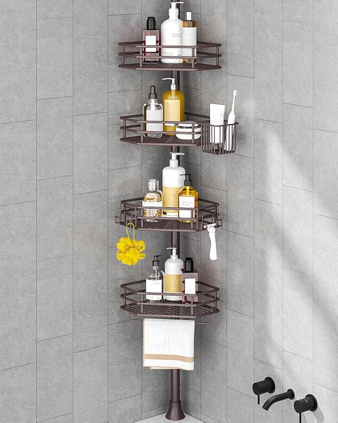 SEIRIONE Corner Shower Caddy Tension Pole, Adjustable Shower Organizer Corner with 4 Shelves, No Drilling Shower Shelf for Inside Shower, Shower Rack for Shower Storage,34 to 116 Inch Height,Bronze