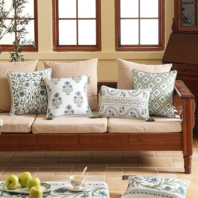 Design Fresh Linen Square Throw Pillow Covers 18"x18" Pack of 2, French White Cottage Cushion Covers with Blue Floral Branches Pattern Decor Pillowcases for Bed,Living Room,Outdoor,Car