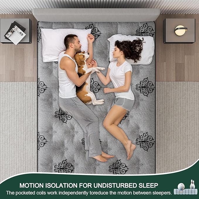 Full Mattress, 9 Inch Hybrid Mattresses Bed in a Box with Gel Memory Foam & Pocket Spring, Euro Top, Medium Firm for Back Support & Pressure Relief, Motion Isolation, Grey