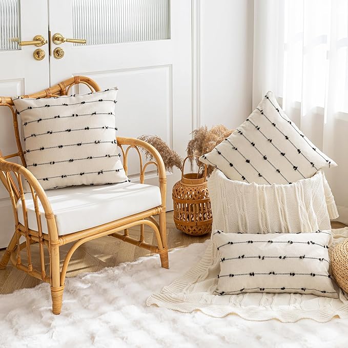 Boho Throw Pillow Covers 26x26 Set of 2 Modern Farmhouse Decorative Cushion Case Tufted Square Pillows Cover Neutral Pillow Cases Accent Pillowcase for Sofa,Couch,Bed,Beige and Black