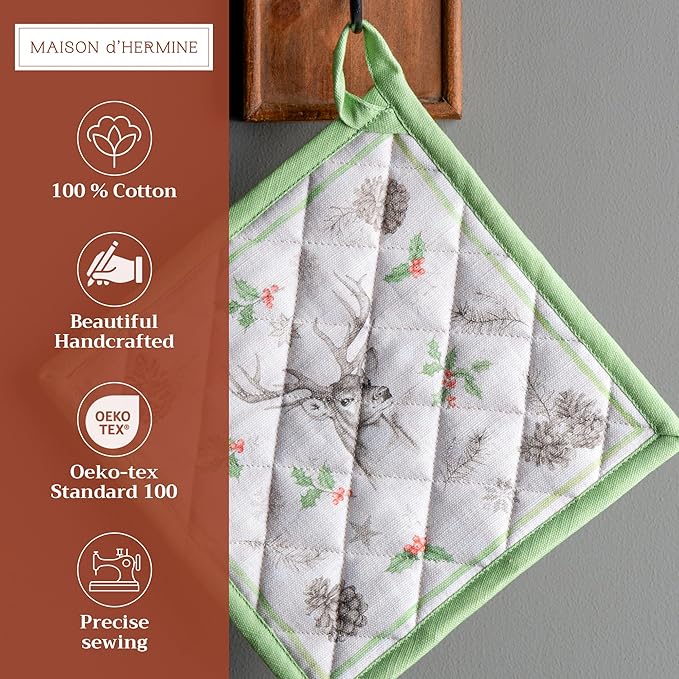 Maison d' Hermine Pot Holders Set 100% Cotton Heat Resistant Potholders 8" x 8" Hot Pads with Loop for Thanksgiving Christmas Decorations BBQ Baking Handling Hot Pans (Pack of 2, Christmas Dew)