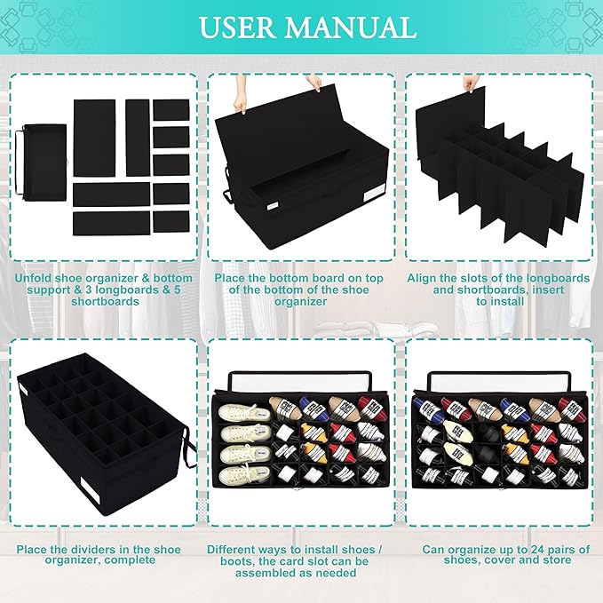 Luvhomee Shoe Storage Organizer, Fits 24 Pairs, Large Shoe Organizer Box for Closet, Clear Foldable Shoes Containers w/Bottom Support, Space Saving Shoe Cubby Storage Boxes w/Reinforced Handles, Black