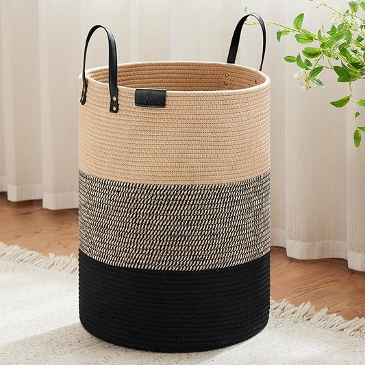 VIPOSCO Tall Laundry Basket, Large Dirty Clothes Hamper with Leather Handle, Woven Rope Storage Basket for Blanket, Toy In Living Room, Bathroom, Bedroom - 100L Brown & Black