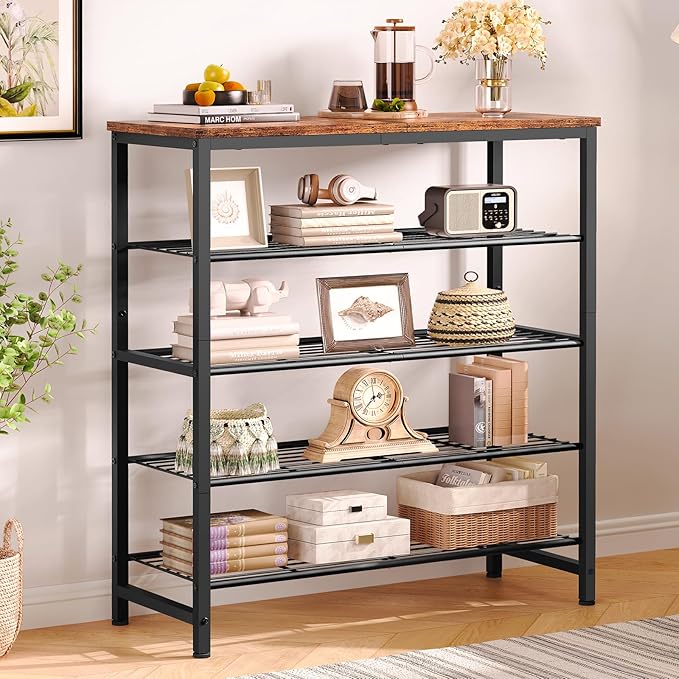 usikey 5-Tier Shoe Rack, Industrial Shoe Storage Organizer for 12-16 Pairs of Shoes, Metal Shoe Shelf with Wooden Top, Shoe Stand with 3 Metal Shelves for Entryway, Hallway, Closet, Rustic Brown