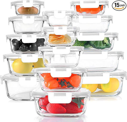 30 Pieces Glass Food Storage Containers Set, Glass Meal Prep Containers Set with Snap Locking Lids, Airtight Glass lunch Containers, Microwave, Oven, Freezer & Dishwasher,White