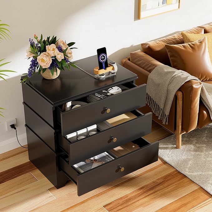 3 Drawer Nightstand with Charging Station,24" Farmhouse Night Stand & Modern Bedside Table, Wood End Table Storage Cabinet for Bedroom Hallway, Entryway,Black Set of 2