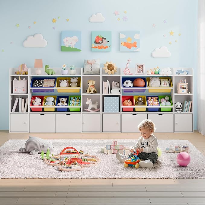 Xilingol Kids Toy Storage Organizer W/6 Removable Toy Bins, 4-Tier Toy Organizers W/6 Storage Cubbies and 2 Movable Drawers, Kid Bookshelf and Toy Storage for Playroom, Bedroom, Kids Room (Multicolor)