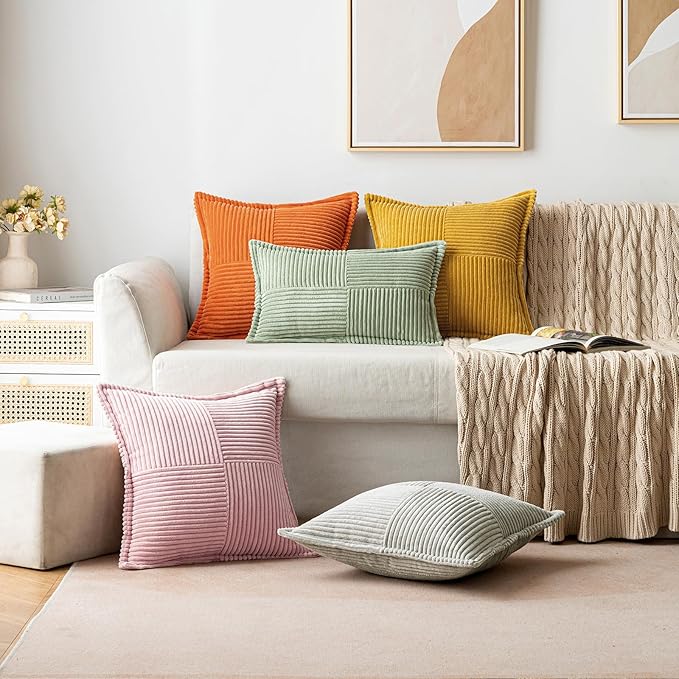 MIULEE Decorative Throw Pillow Covers for Couch Bed Livingroom 20x20 Inch Set of 2 Pink Boho Accent Throw Pllows Broadside Striped Patchwork Soft Corduroy Pillowcases