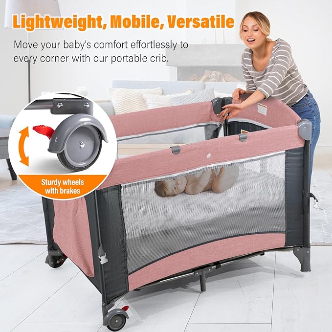 5 in 1 Baby Crib,Baby Bassinet, Bedside Cribs, Pack and Play with Changing Table, Portable Travel bedToys & Music Box,Mattress for Girl Boy Infant Newborn (Pink)