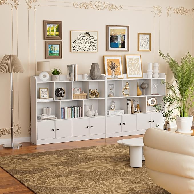 2 in 1 Large Toy Organizer and Storage, 4 Tier Kids Bookshelf with 11 Storage Cubbies, Wooden Storage Cabinet Daycare Furniture for School, Classroom, Playroom, Nursery, Kindergarten, White