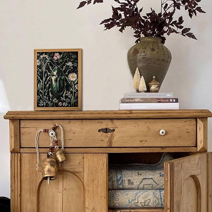 Framed Vintage 3D Textured Wall Art - Gothic Dark College Beetle Wall Decor - Hand Drawn Sandstone Nature Botanical Pictures for Living Room Bedroom Home Decor 8x10in