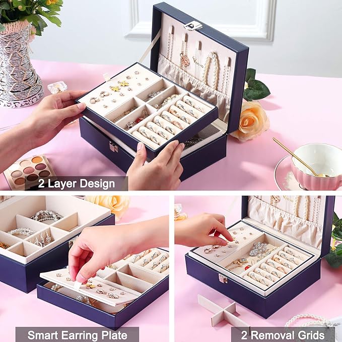 Voova Jewelry Box Organizer for Women Girls, 2 Layer Large Men Jewelry Storage Case,PU Leather Display Jewellery Holder with Removable Tray for Necklace Earrings Rings Bracelets，Vintage Gift，Navy Blue